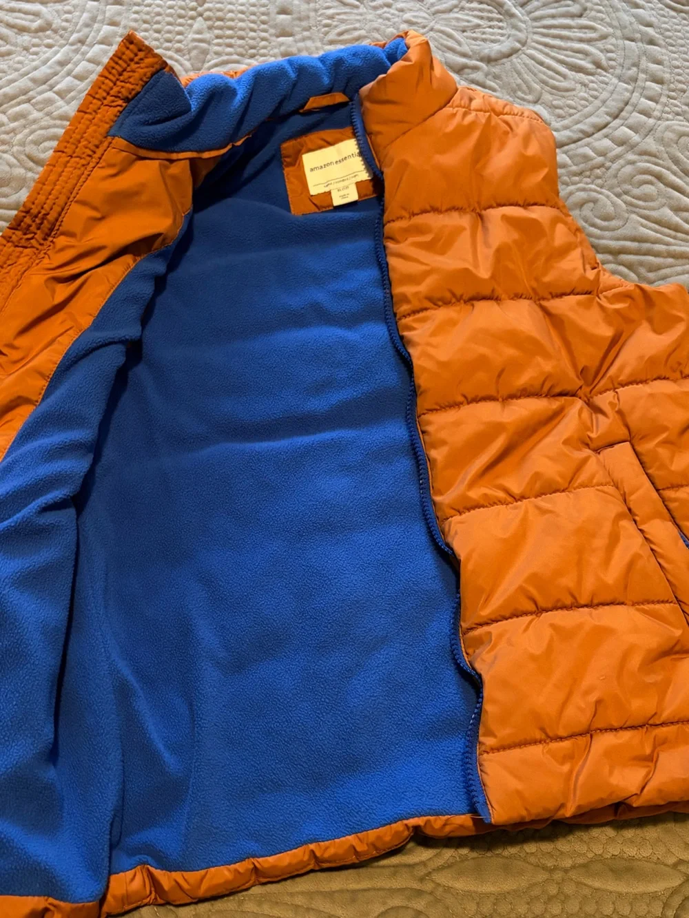 Amazon Essentials Orange Puffer Vest with Blue Trim